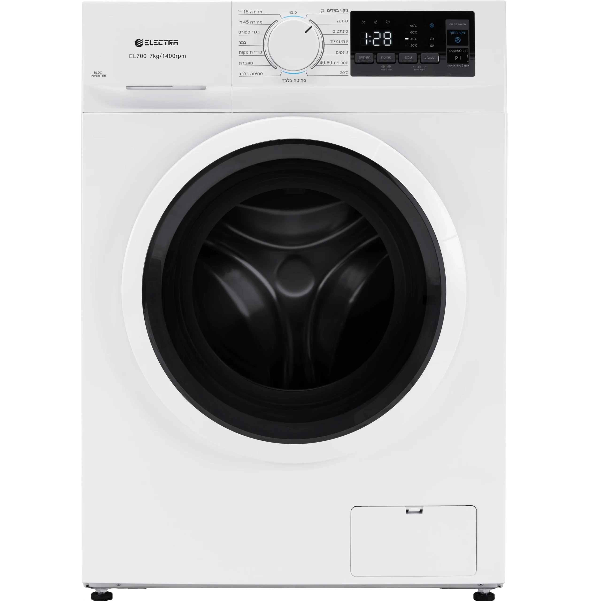 מכונת כביסה פתח חזית 7 ק"ג Electra EL700 עם מנוע Inverter במהירות 1400 סל"ד - צבע לבן אחריות ע"י היבואן הרשמי